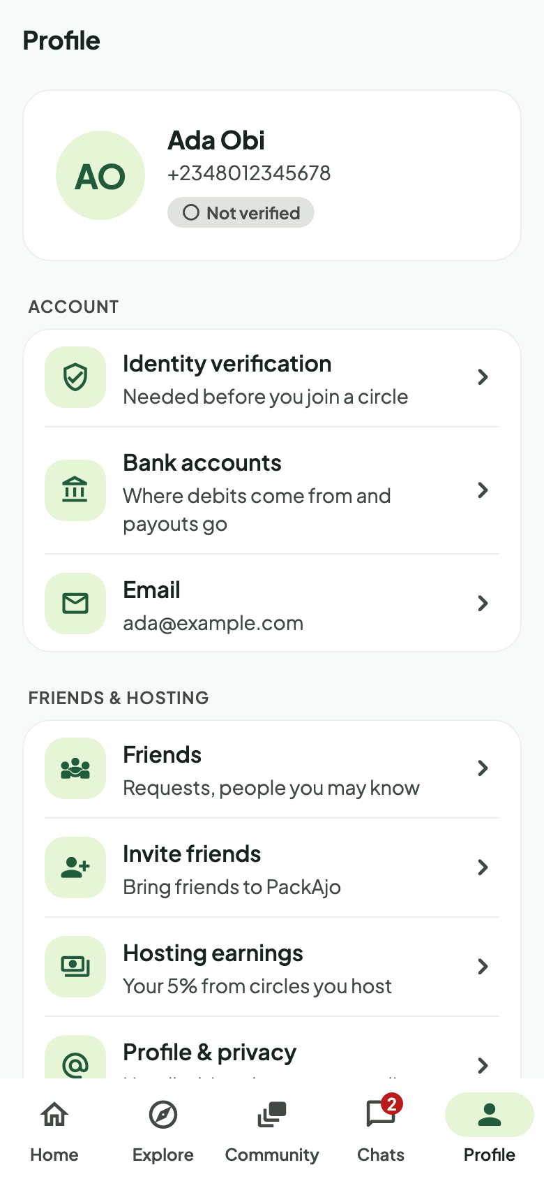 Your PackAjo profile: identity verification, bank accounts and notification settings.